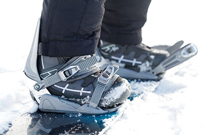 Close up of boots secured onto skis
