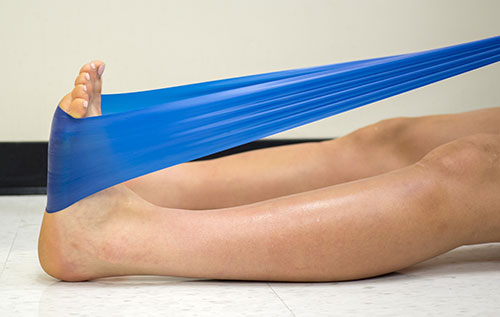 Resistance band around foot for stretching